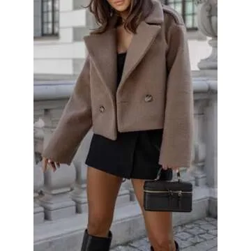 CHARTOU Women Crop Pea Coat Wool Blend Office Work Lapel Collar Short Winter Jacket Trench Coat (Medium, Coffee)