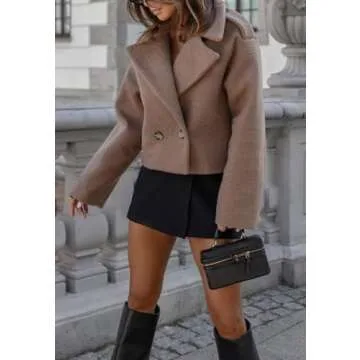 CHARTOU Women Crop Pea Coat Wool Blend Office Work Lapel Collar Short Winter Jacket Trench Coat (Medium, Coffee)