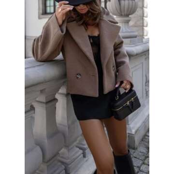 CHARTOU Women Crop Pea Coat Wool Blend Office Work Lapel Collar Short Winter Jacket Trench Coat (Medium, Coffee)