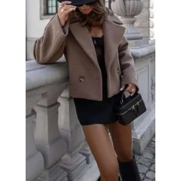 CHARTOU Women Crop Pea Coat Wool Blend Office Work Lapel Collar Short Winter Jacket Trench Coat (Medium, Coffee)