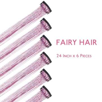 WENNALIFE Hair Tinsel Clip In Hair Tinsel for Girls Pink, 6pcs 24 inch Hair Tinsel Clips Tinsel Hair...