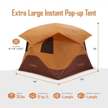 Gazelle T4 Extra Large 2 Door 4 Person Instant Portable Pop Up Outdoor Camping Hub Tent with Removable Floor and Rain Fly, Easy Setup, Orange
