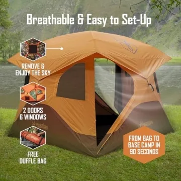 Gazelle T4 Extra Large 2 Door 4 Person Instant Portable Pop Up Outdoor Camping Hub Tent with Removable Floor and Rain Fly, Easy Setup, Orange