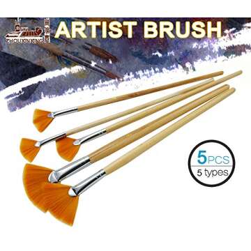 JOWOART 5Pcs/Set,Fan-Shaped Nylon Hair Short Wood Rod Brush Painting Drawing Supplies Picture Color