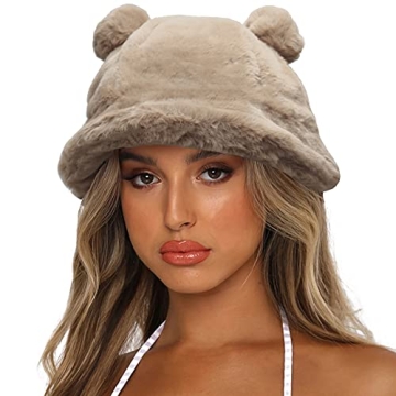 Sydbecs Winter Bucket Hat Fluffy Faux Fur Fisherman Cap for Women Men Solid Color Style