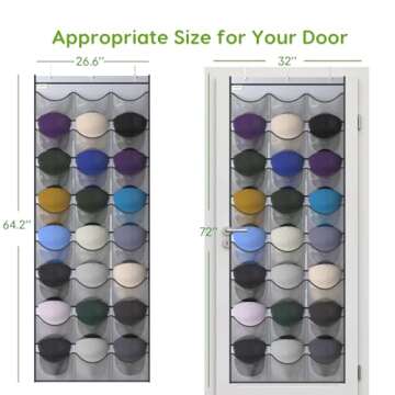 Unjumbly Baseball Hat Rack, 24 Pocket Over-The-Door Cap Organizer with Clear Deep Pockets to Display Baseball Caps Collection, Complete with 3 Over Door Hooks, Fit 3/8" and 1 3/4" Door Width, Grey