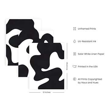 HAUS AND HUES Black and White Abstract Wall Art - Set of 3 Black and White Wall Art Modern Wall Decor, Contemporary Wall Art Modern Art Wall Decor, Black and White Artwork for Walls (Unframed 12x16)
