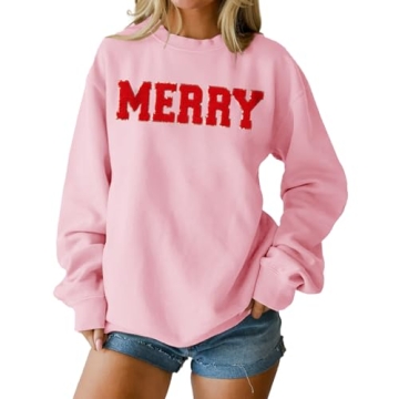 IZYJOY Christmas Merry Sweatshirt for Women Glitter Patch Merry Letter Pullover Tops Chenille Patch ...