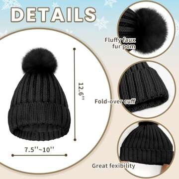 Winter Hat Scarf Glove Set for Women, Black Thermal Women Beanie with Pom Pom, Thickened Long Knit S...