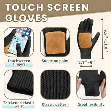 Winter Hat Scarf Glove Set for Women, Black Thermal Women Beanie with Pom Pom, Thickened Long Knit Scarf, Touchscreen Non-Slip Gloves, Fleece Lined Winter Warm 3 in 1 Gift Set