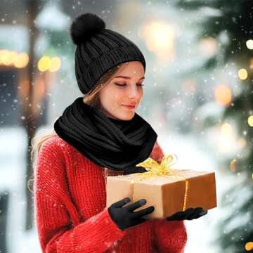 Winter Hat Scarf Glove Set for Women, Black Thermal Women Beanie with Pom Pom, Thickened Long Knit Scarf, Touchscreen Non-Slip Gloves, Fleece Lined Winter Warm 3 in 1 Gift Set