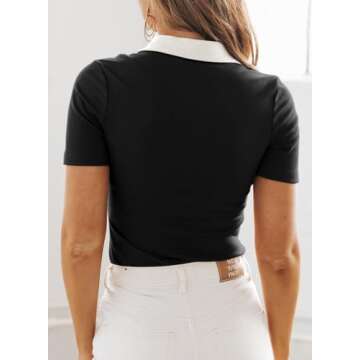 Dokotoo Womens Shirts Business Casual Outfits for Women Short Sleeve Button Down Shirts for Women Collared Work Tops Basic Slim Fitted Button Down Polo Shirts V Neck Tops Black Shirts for Women S