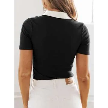 Dokotoo Womens Shirts Business Casual Outfits for Women Short Sleeve Button Down Shirts for Women Collared Work Tops Basic Slim Fitted Button Down Polo Shirts V Neck Tops Black Shirts for Women S