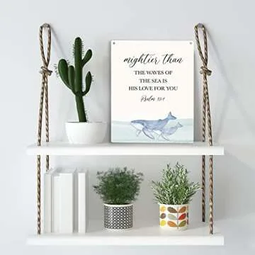Inspirational Nautical Ocean Whale Decor Mightier Than The Waves of The Sea Psalm 93:4 Wooden Hanging Sign Gift for Baby Kids Girl Boy Nursery Teen Room Bible Verse Wall Art 8 x 10 Inches