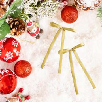 Meseey 30 Pcs Satin Bows with Twist Tie 5 x 7 Inch Pretied Premade Ribbon Bows for Tree Wreath Garland Home Decor Indoor Outdoor Decorations (Golden Olive)