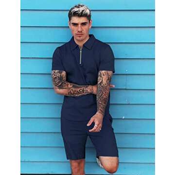 URRU Men's Short Sleeve Knit Zip Polo Shirts Casual Pullover Golf Shirt with Shorts Navy L