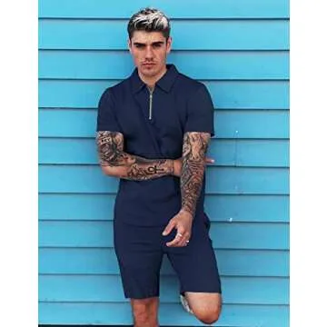 URRU Men's Short Sleeve Knit Zip Polo Shirts Casual Pullover Golf Shirt with Shorts Navy L