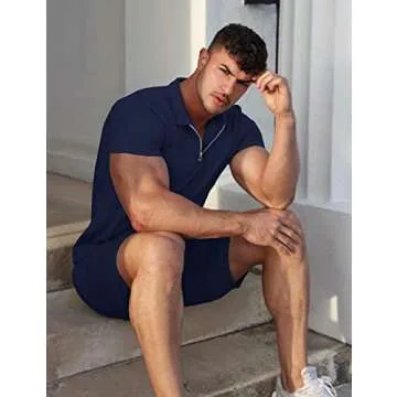 URRU Men's Short Sleeve Knit Zip Polo Shirts Casual Pullover Golf Shirt with Shorts Navy L