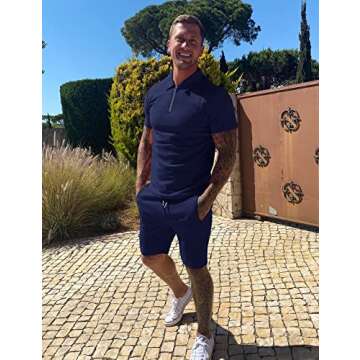 URRU Men's Short Sleeve Knit Zip Polo Shirts Casual Pullover Golf Shirt with Shorts Navy L