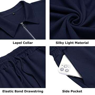 URRU Men's Short Sleeve Knit Zip Polo Shirts Casual Pullover Golf Shirt with Shorts Navy L