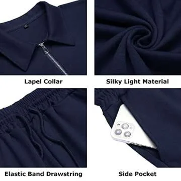 URRU Men's Short Sleeve Knit Zip Polo Shirts Casual Pullover Golf Shirt with Shorts Navy L