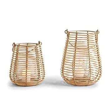 Two's Company Horizontal Cane Weave Set of 2 Lanterns