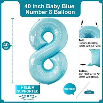 40 Inch Baby Blue Number 8 Balloon Large Size Jumbo Digit Foil Mylar Helium Light Blue Balloons for ...