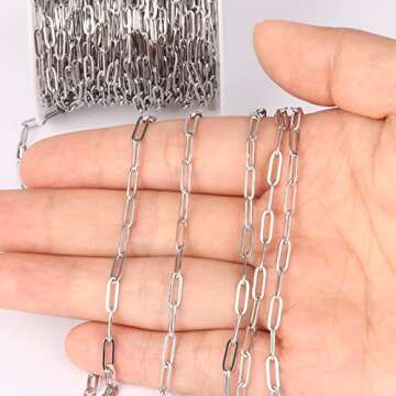 [33 Ft] Stainless Steel Paperclip Chains Roll, 3mm Width 304 Stainless Steel Oval Link Chains Spool ...