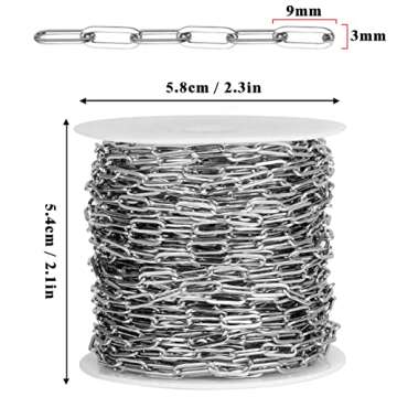 [33 Ft] Stainless Steel Paperclip Chains Roll, 3mm Width 304 Stainless Steel Oval Link Chains Spool Bulk for Jewelry Making