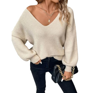 GORGLITTER Women's Bow Cable Knit Sweater Long Sleeve Backless V Neck Fall Chunky Pullover Apricot Medium