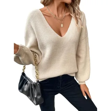 GORGLITTER Women's Bow Cable Knit Sweater Long Sleeve Backless V Neck Fall Chunky Pullover Apricot Medium
