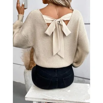 GORGLITTER Women's Bow Cable Knit Sweater Long Sleeve Backless V Neck Fall Chunky Pullover Apricot Medium