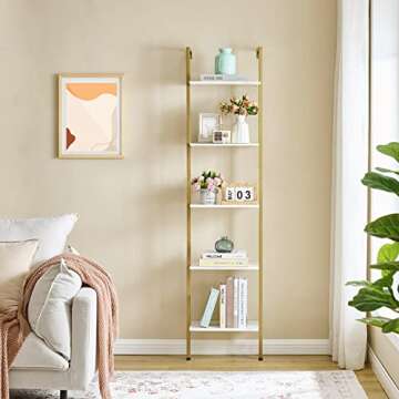 Tajsoon Ladder Shelf, 5-Tier Wood Wall Mounted Bookshelf with Metal Frame, Modern Open Display Organ...