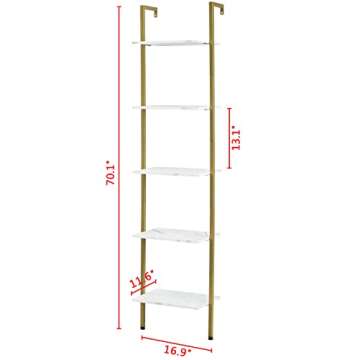 Tajsoon Ladder Shelf, 5-Tier Wood Wall Mounted Bookshelf with Metal Frame, Modern Open Display Organizer Rack, Storage Shelves for Bedroom, Home Office, Plant Flower, White & Gold