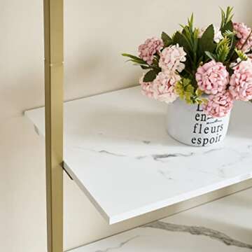 Tajsoon Ladder Shelf, 5-Tier Wood Wall Mounted Bookshelf with Metal Frame, Modern Open Display Organizer Rack, Storage Shelves for Bedroom, Home Office, Plant Flower, White & Gold