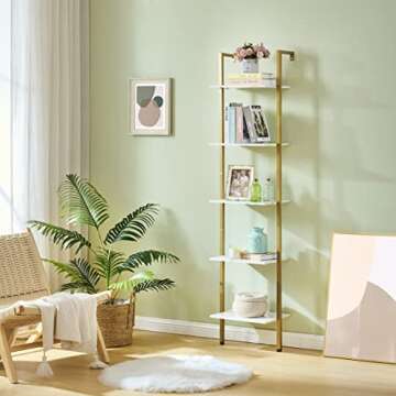 Tajsoon Ladder Shelf, 5-Tier Wood Wall Mounted Bookshelf with Metal Frame, Modern Open Display Organizer Rack, Storage Shelves for Bedroom, Home Office, Plant Flower, White & Gold