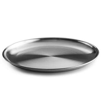 Reusable Brushed Metal 18/8 Dinner Plates- Vintage Quality 304 Stainless Steel Silver Color Heavy Duty Kitchenware Round Metal 9 Inch Plates | Dishwasher Safe | BPA Free| Use for BBQ Steak (4 Pack)