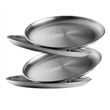 Reusable Brushed Metal 18/8 Dinner Plates- Vintage Quality 304 Stainless Steel Silver Color Heavy Duty Kitchenware Round Metal 9 Inch Plates | Dishwasher Safe | BPA Free| Use for BBQ Steak (4 Pack)