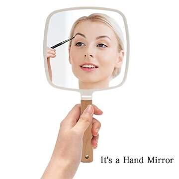 YEAKE Hand Held Mirror with Handle for Makeup,Small Cute Wood Hand Mirror for Shaving with Hole Hanging Single-Sided Portable Travel Vanity Mirror for Men&Women(Square)