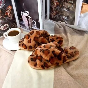 Parlovable Women's Fuzzy Slippers Comfy Cross Band House Shoes Memory Foam Open Toe Indoor Gifts for Ladies Leopard 7-8