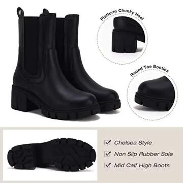 TINSTREE Mid Calf Boots for Women Black, Juniors Platform Dressy Sweater Chelsea Boots Platform Booties with Chunky Block Heels Vegan Black,08