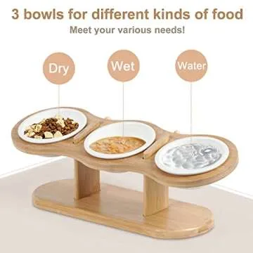 CILXGQLN Elevated Cat Bowls, 2 Heights Adjustable Raised Dog Bowl Stand, 3 Ceramic Bowls for Cats and Small Dogs, 15° Tilted