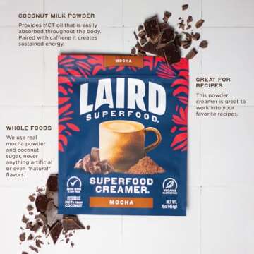 Laird Superfood Non-Dairy Coffee Creamer Mocha, Shelf-Stable Superfood Non-Dairy Powder Creamer, Gluten Free, Non-GMO, Vegan, 16 oz. Bag, Pack of 1