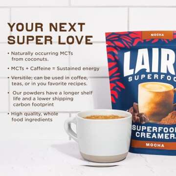 Laird Superfood Non-Dairy Coffee Creamer Mocha, Shelf-Stable Superfood Non-Dairy Powder Creamer, Gluten Free, Non-GMO, Vegan, 16 oz. Bag, Pack of 1