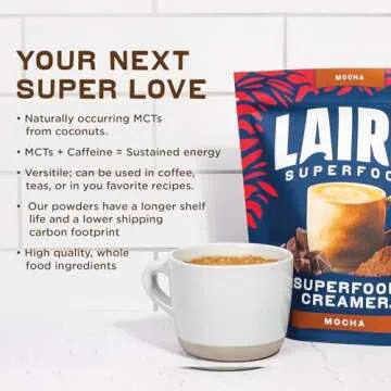 Laird Superfood Non-Dairy Coffee Creamer Mocha, Shelf-Stable Superfood Non-Dairy Powder Creamer, Gluten Free, Non-GMO, Vegan, 16 oz. Bag, Pack of 1