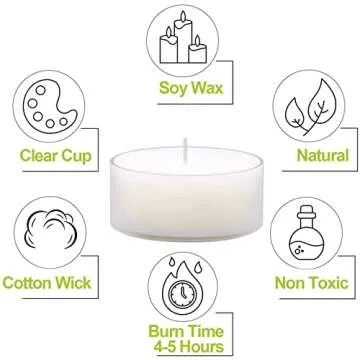Set of 50 Unscented Tealight Candles, Bulk Natural Soy Wax Tiny Tea Lite Candles, 4 Hour Clean Burn T-lite Candles in Clear Cups