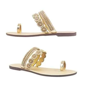 AIJIVOU Mayou Flat Sandals for Women Flip Flops with Clip Toe Ring Rhinestone Crystal Jeweled Sandal Shoes for Summer Beach Oceanside Holiday Outdoor (6 M US, Gold)