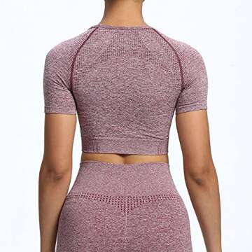 Aoxjox Women's Workout Vital Short Sleeve Seamless Crop Top Yoga Gym Sport Shirts T Shirt (Vital Wine Red Marl, Medium)