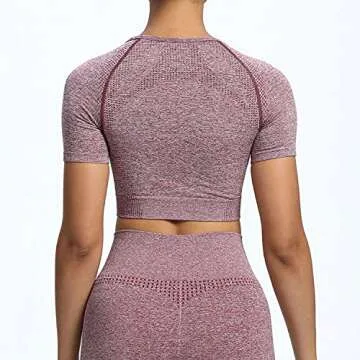 Aoxjox Women's Workout Vital Short Sleeve Seamless Crop Top Yoga Gym Sport Shirts T Shirt (Vital Wine Red Marl, Medium)