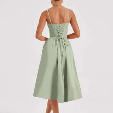 Corset Dress for Women Formal Summer Spaghetti Strap Bustier Midi Dresses Flowy Pleated Hem Corset Sundress with Pockets Dressy Homecoming Dresses Vintage Wedding Guest Dresses 2024 Milkmaid Dresses